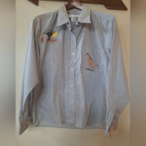 Infinity Fashions vintage safari embroidered Animal  pinstriped blouse Womens S